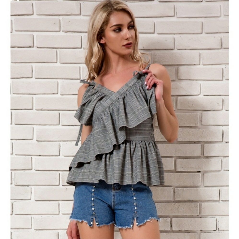 Gray Plaid Ruffle Blouse - Picture 2 of 6